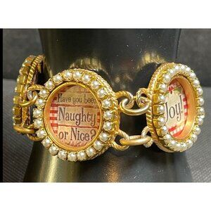 Vtg. Maximally Yours Christmas Charm Bracelet Toggle Clasp Pearl Accents SIGNED